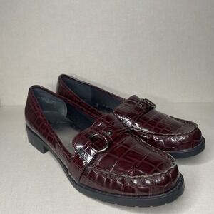 Anne Klein AK Women's 9.5M Burgundy Croc Embossed Loafers Chunky Sole